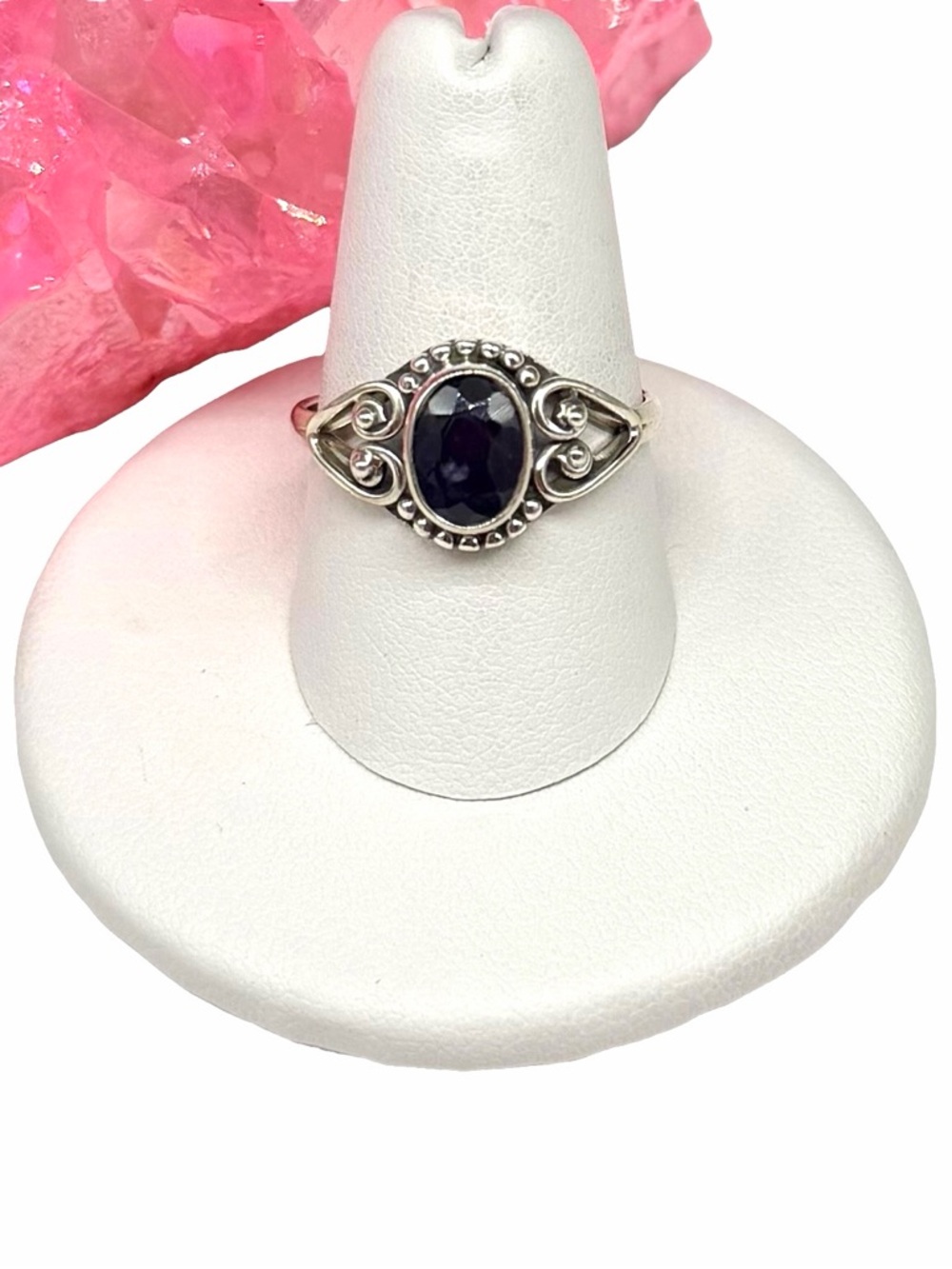 Blue Sapphire Ring Size 8.5 Solid 925 Sterling Silver Faceted Stone Heart Design